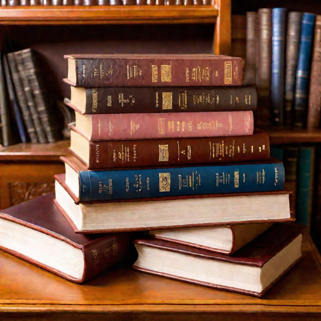Стопка учебников русского языка и словарей на письменном столе в домашней библиотеке