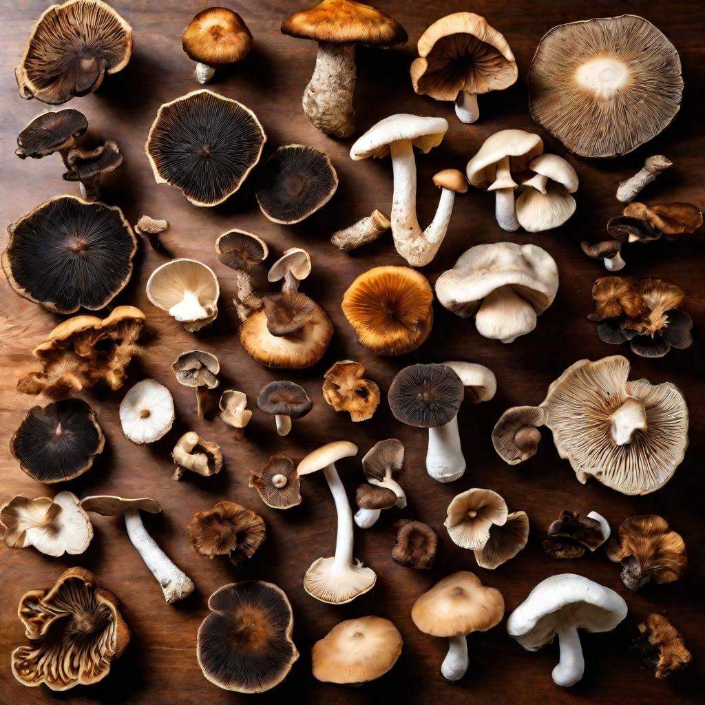 Коллекция разных грибов с чагой на столе