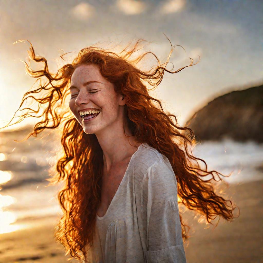 Девушка с длинными рыжими волосами на пляже