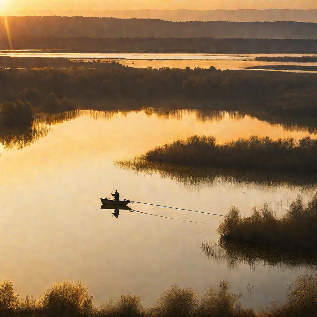 Рыбак ловит огромного судака на закате на тихом озере