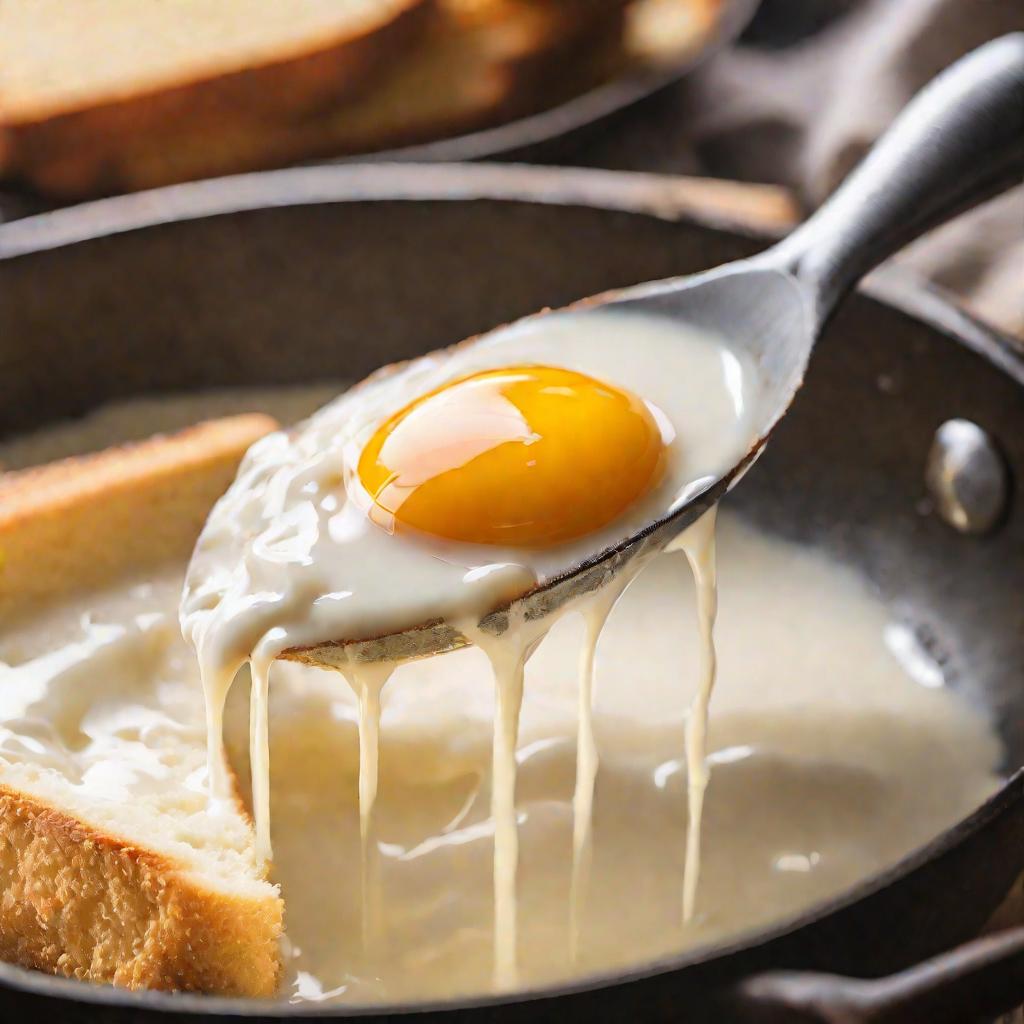 Крупный кадр ломтика белого хлеба, впитывающего сладкую яично-молочную смесь в миске на столе на светлой кухне.