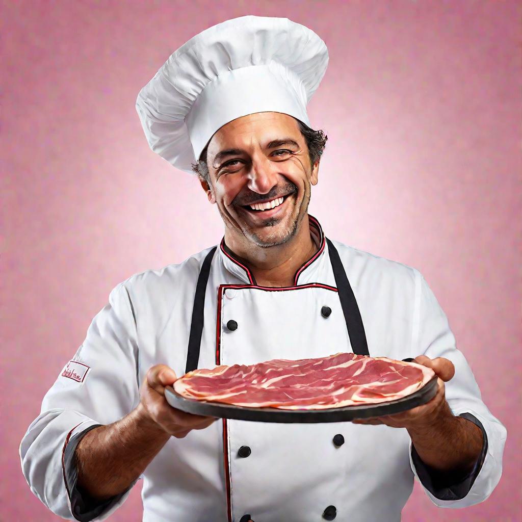 Портрет улыбающегося итальянского шеф-повара, держащего ломтик пармской ветчины