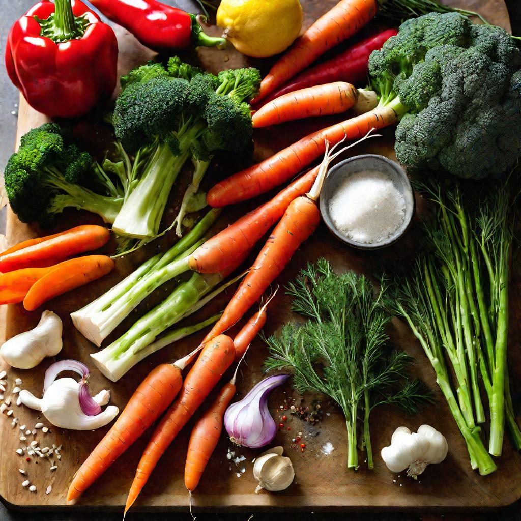 Разноцветные овощи и специи для приготовления на пару расположены на разделочной доске