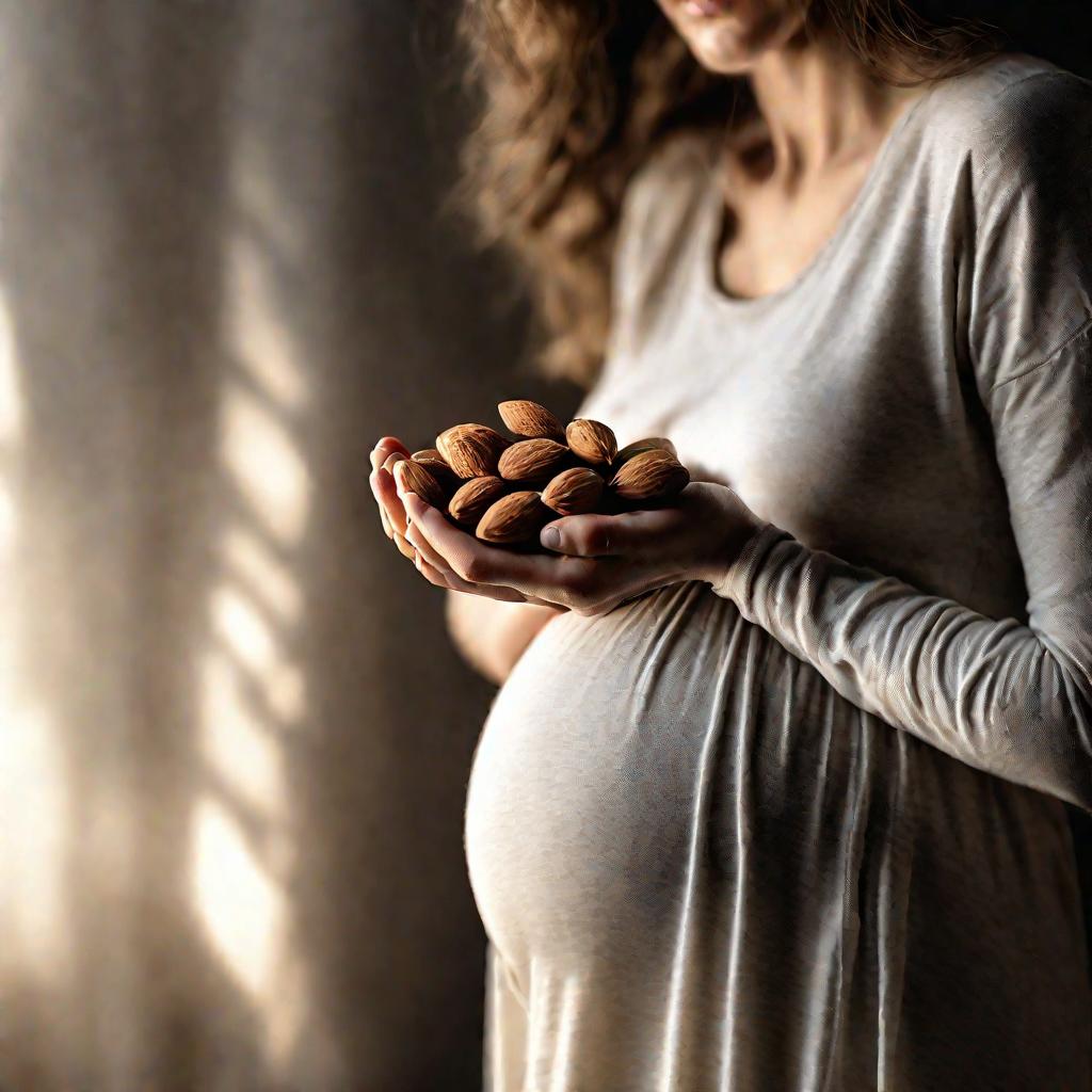 Беременная женщина держит один миндальный орех на ладони и как будто раздумывает, съесть его или нет