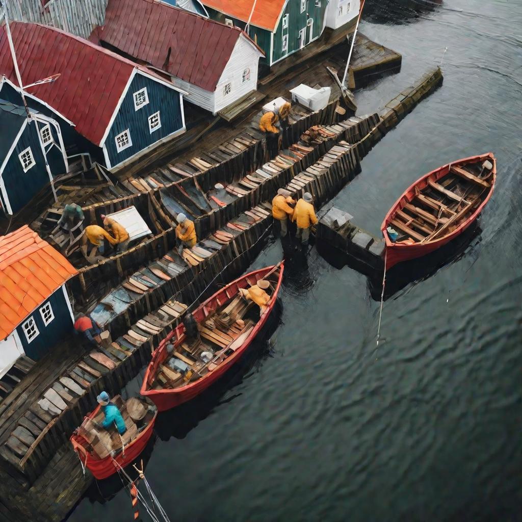 Рыбаки в скандинавской деревне выгружают улов сельди