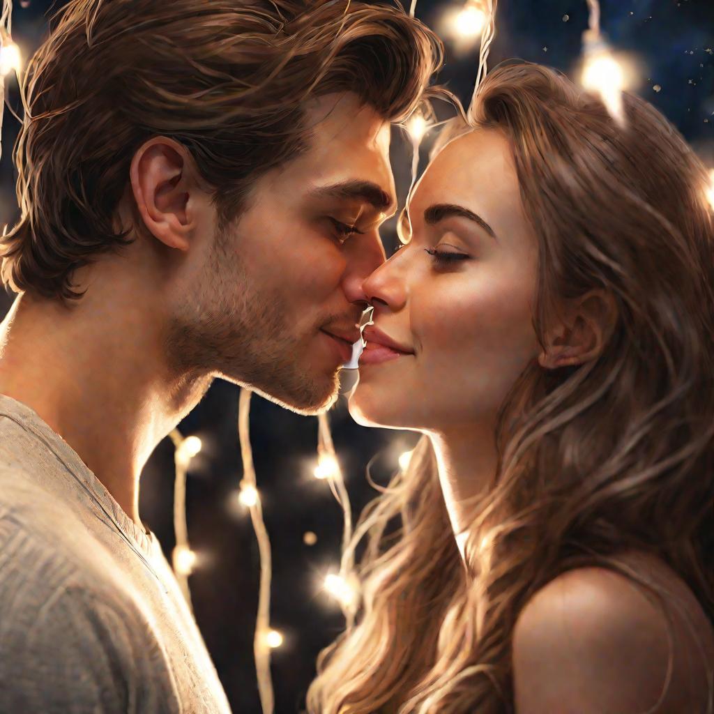 Портрет молодого человека и девушки, которые смотрят друг на друга с нежностью и тянутся для медленного поцелуя в мягком свете гирлянд.