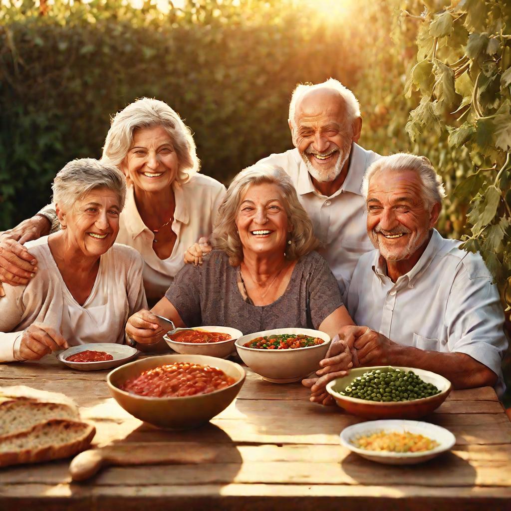 Семья за столом ест фасоль с овощами