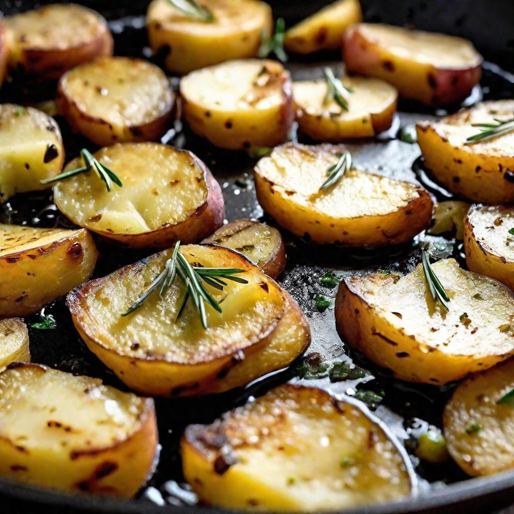 Жареная картошка в чугунной сковороде на плите