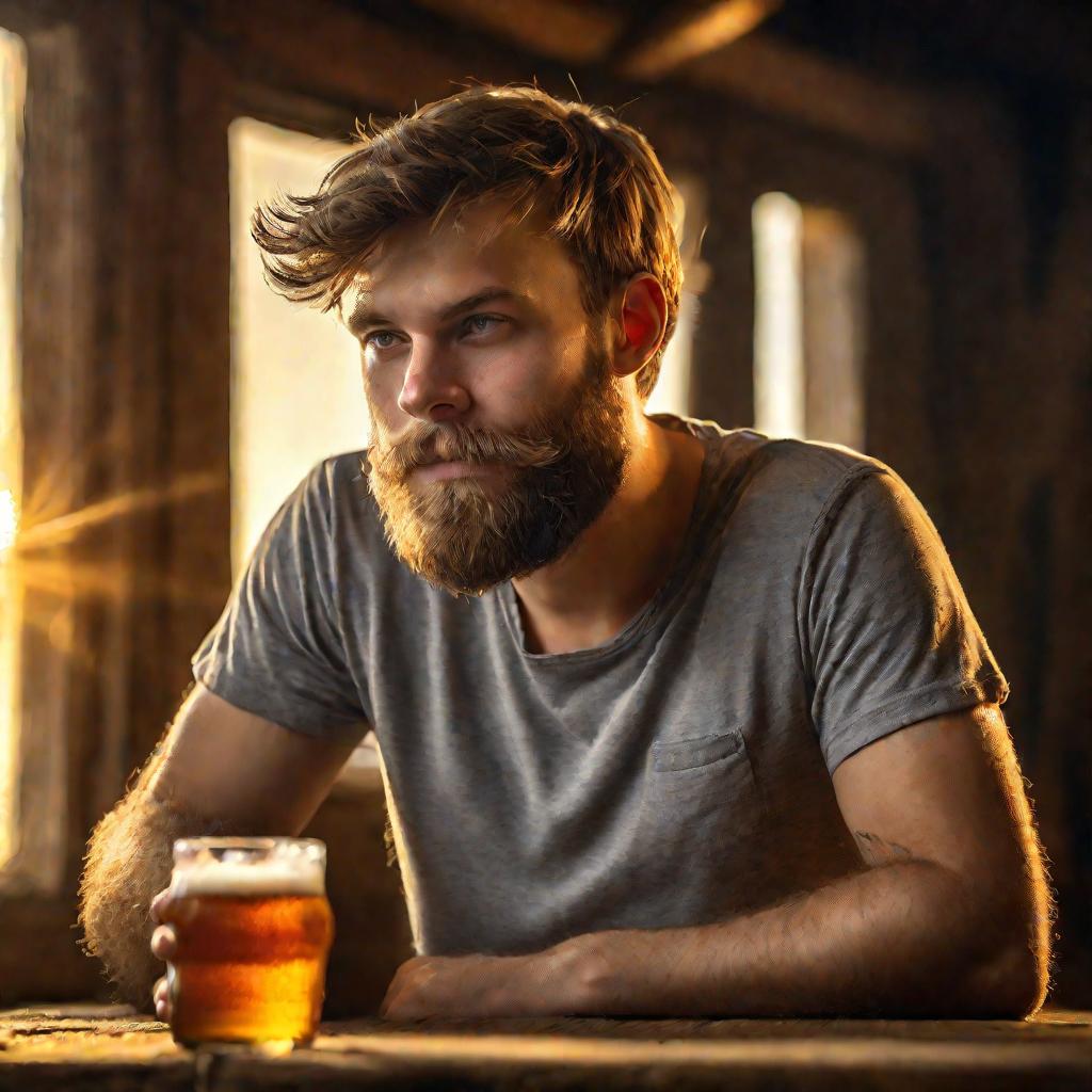 Молодой бородатый мужчина пьет пиво