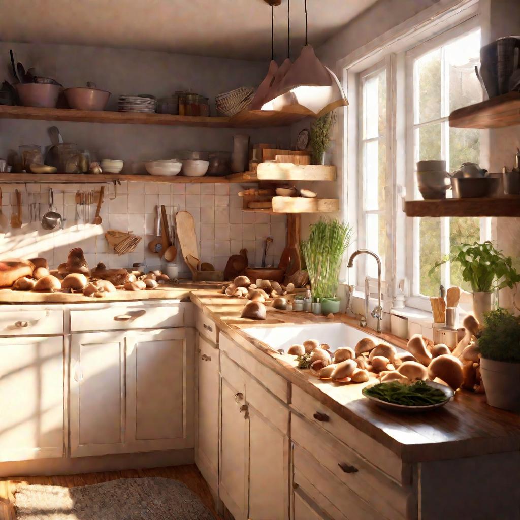 Кухня с нарезанными грибами