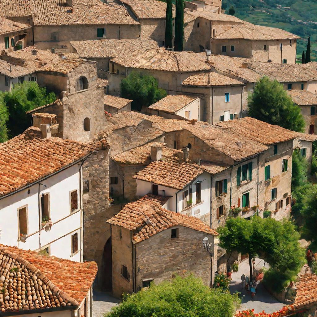 Живописный вид сверху на старинную итальянскую деревушку в теплый солнечный день. За каменными домами с арочными окнами виднеются зеленые холмы. Люди в яркой одежде гуляют по мощеным улицам. Между зданиями сушатся на солнце гирлянды помидоров. Атмосфера р
