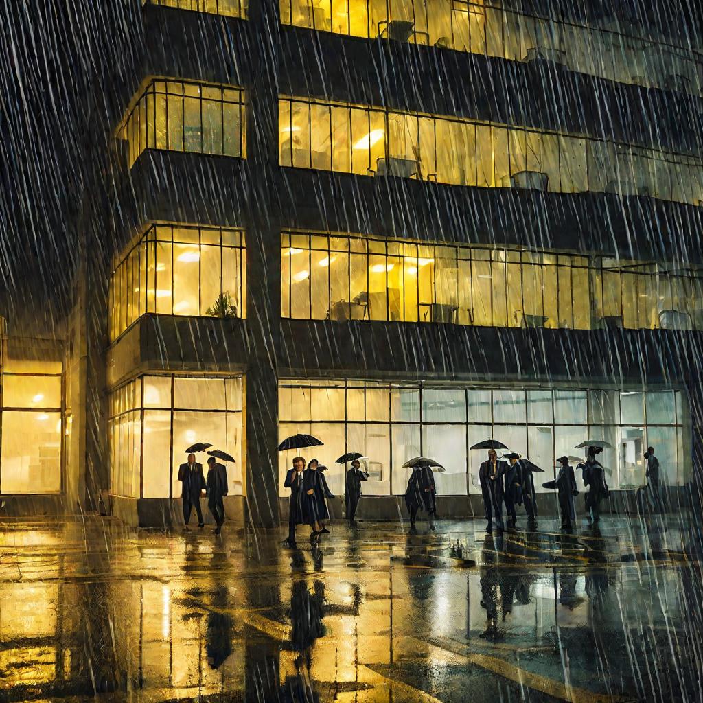 Офисное здание ночью во время дождя.