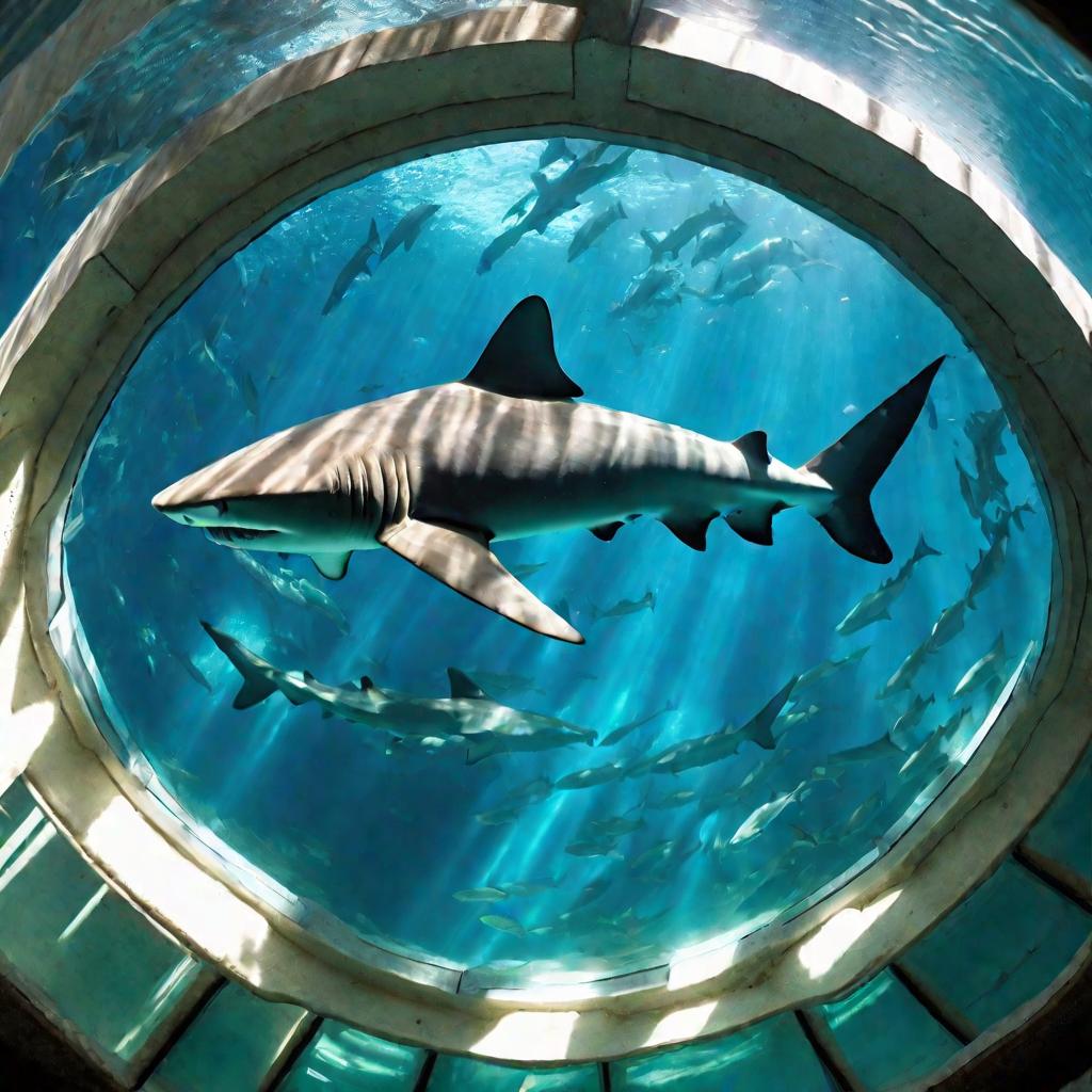 Акула плавает кругами в большом круглом аквариуме