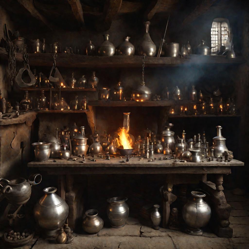 Мастерская алхимика 17 века с серебром и растворами