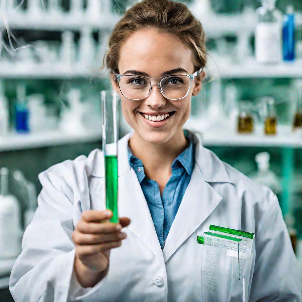 Портрет женщины-химика в лаборатории.