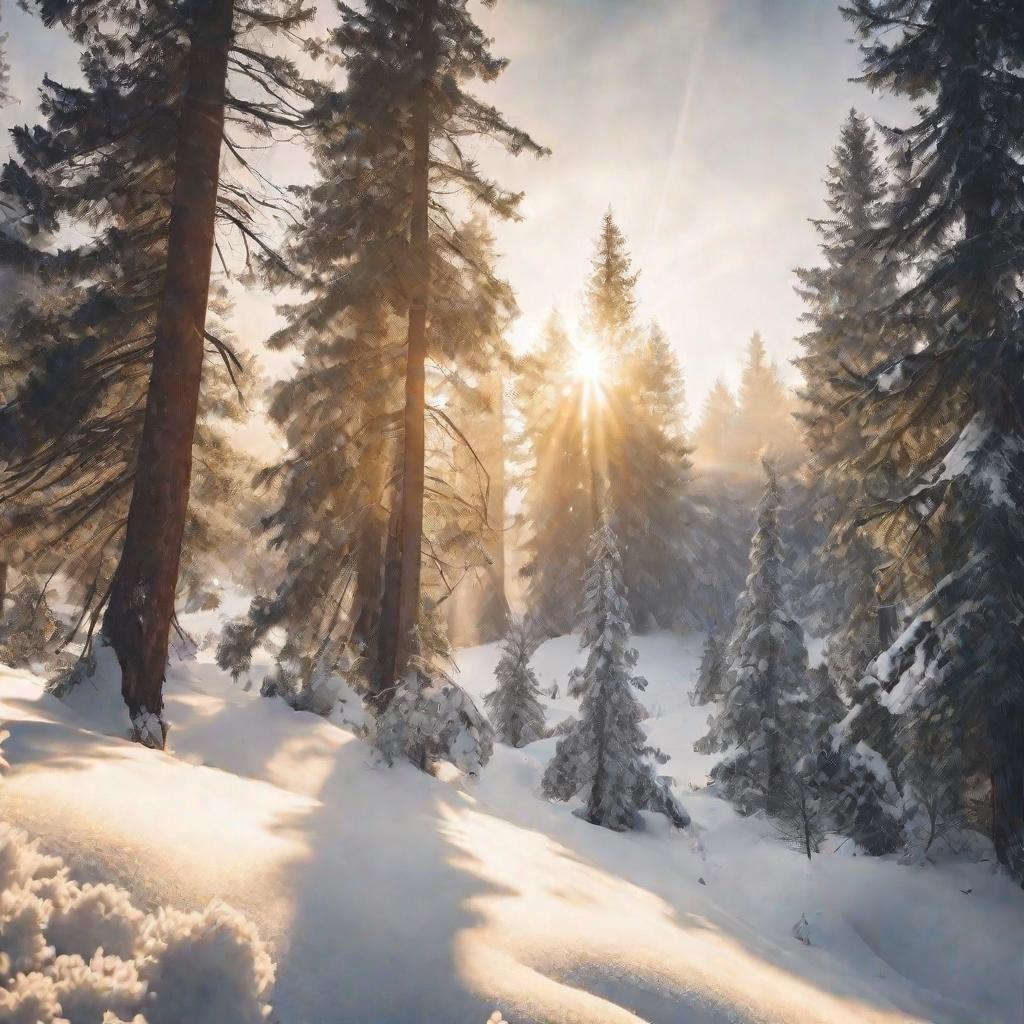Заснеженный лес зимой на закате