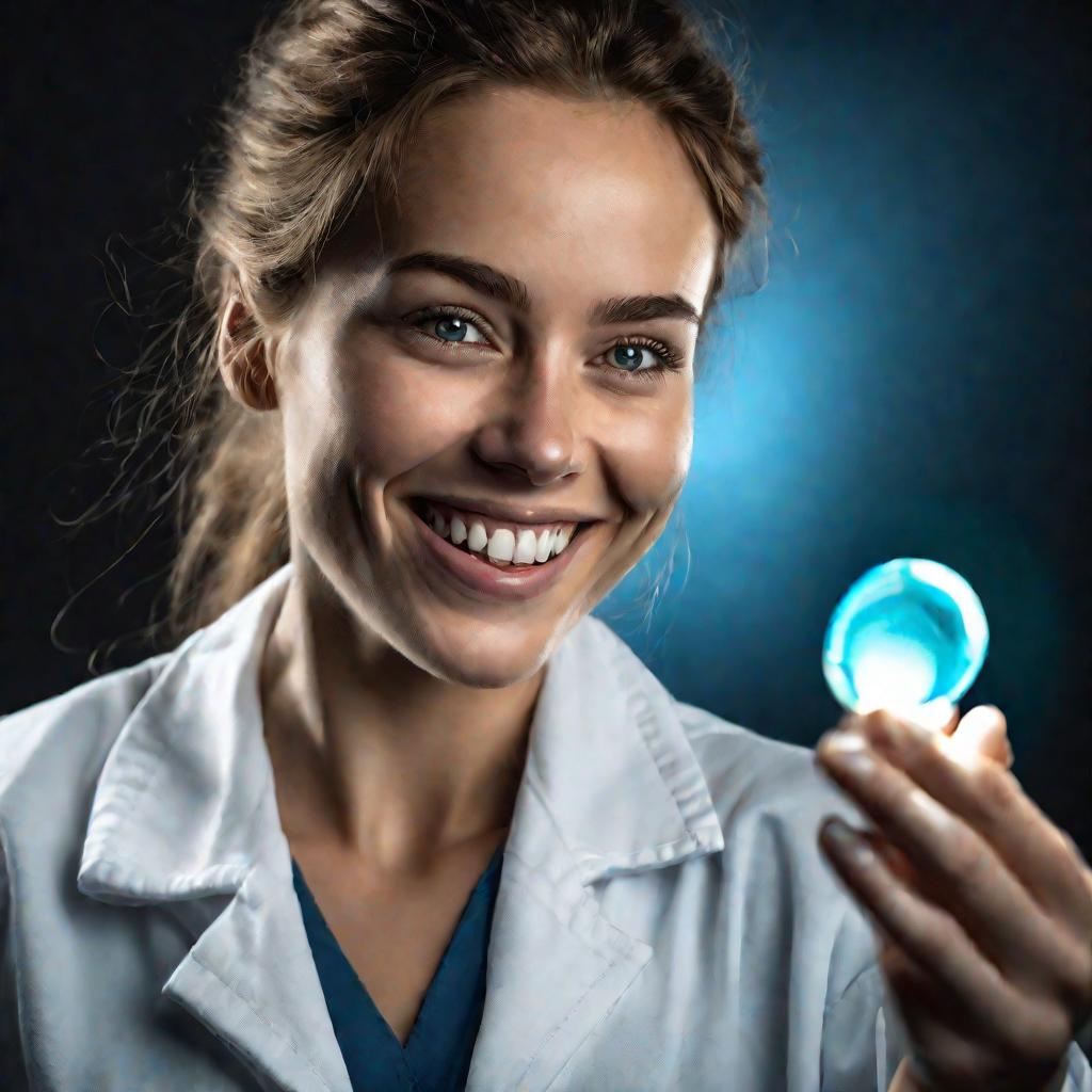 Женщина-врач держит таблетку, светящуюся голубым