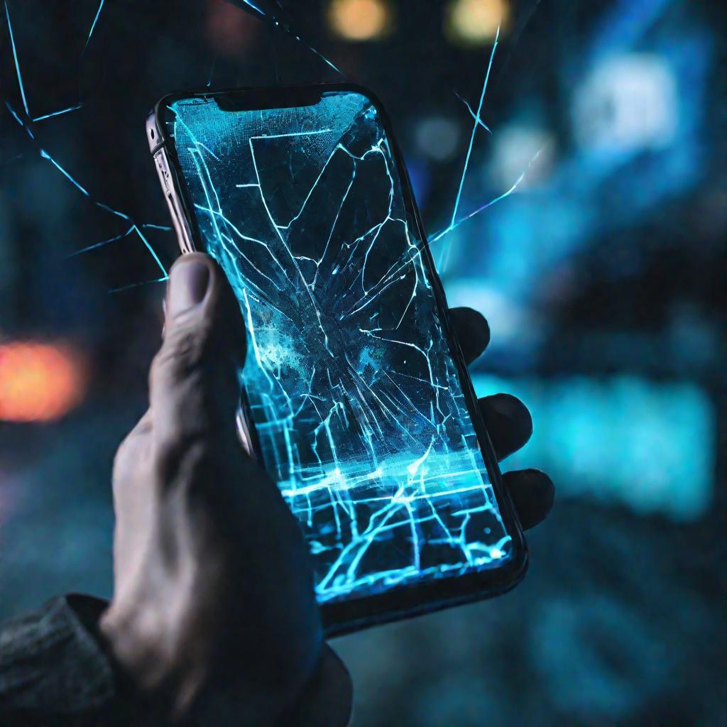Вид снизу на руку, держащую смартфон с треснувшим экраном. Телефон наклонен, чтобы показать неисправное приложение контактов на темном, размытом фоне с неоновым синим освещением. Треснувший экран создает фрагментированные отражения и искажения для киберпа