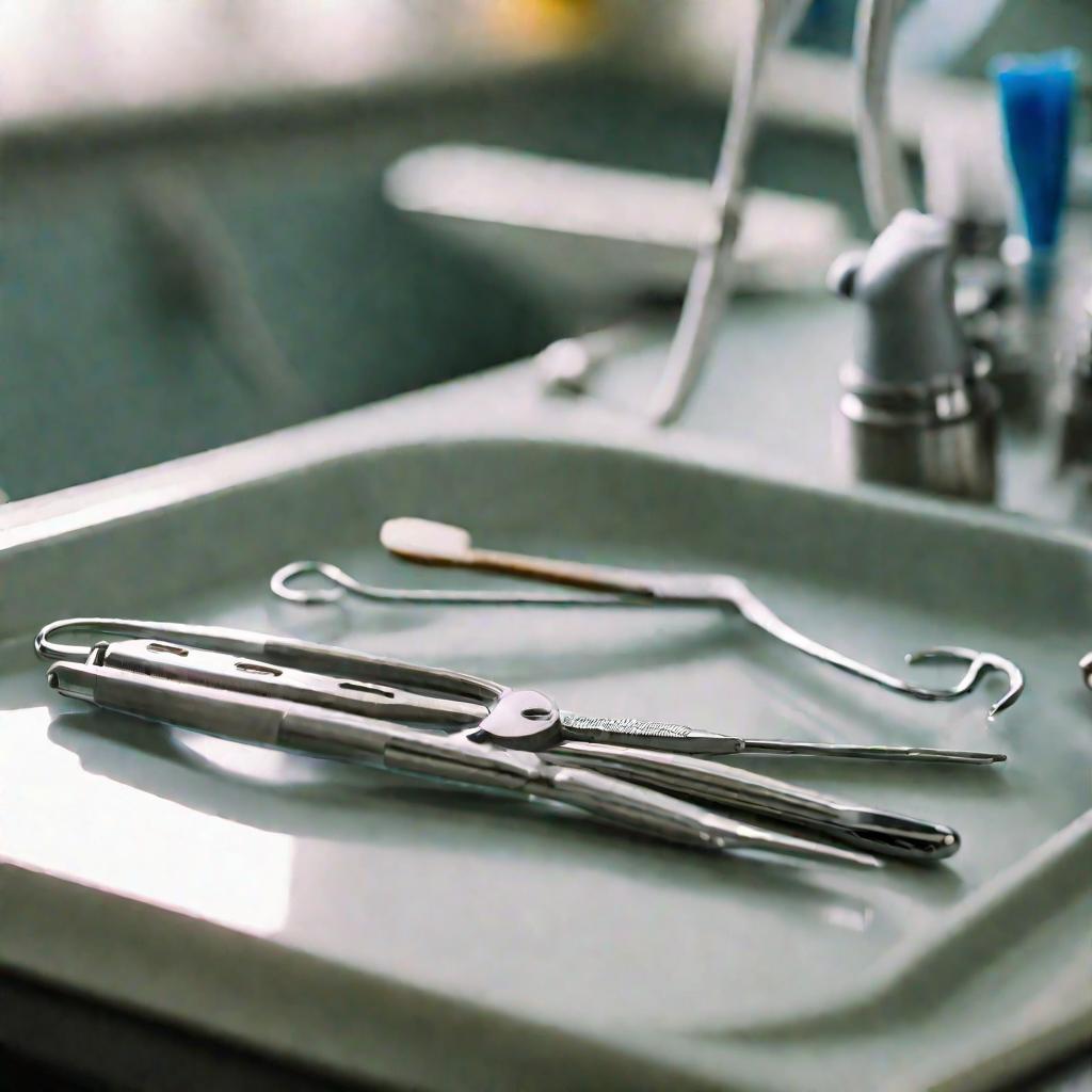 Крупный снимок с мелкой глубиной резкости и мягким освещением стоматологических хирургических инструментов на подносе возле раковины в стоматологическом кабинете