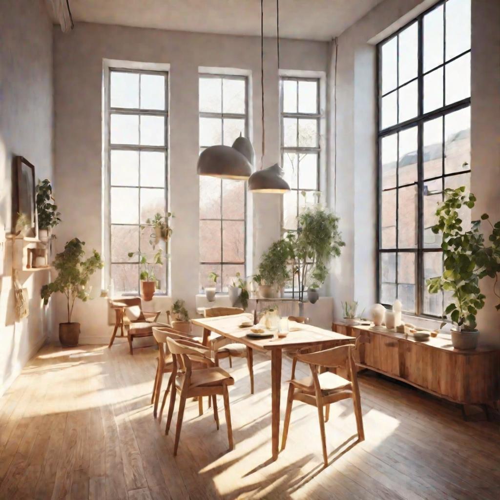 Светлая просторная квартира-студия в скандинавском стиле с большими окнами