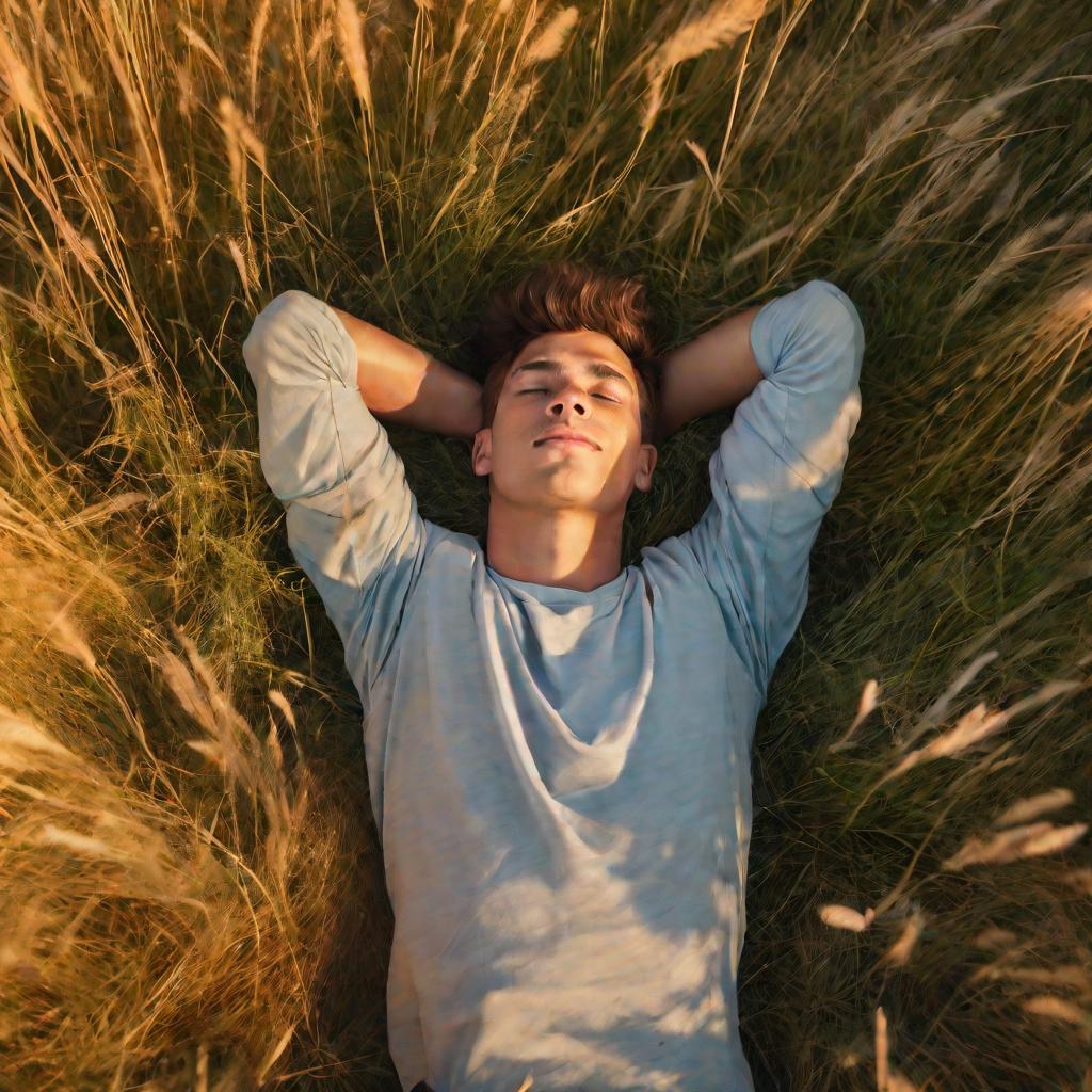 Молодой человек лежит на лугу на рассвете, задумчиво глядя в небо