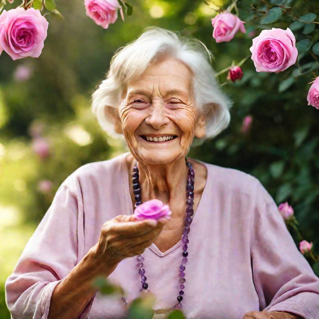 Портрет улыбающейся пожилой женщины с кристаллом в окружении роз.