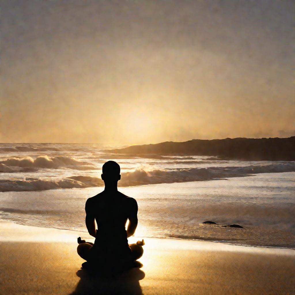Силуэт мужчины, медитирующего на пляже