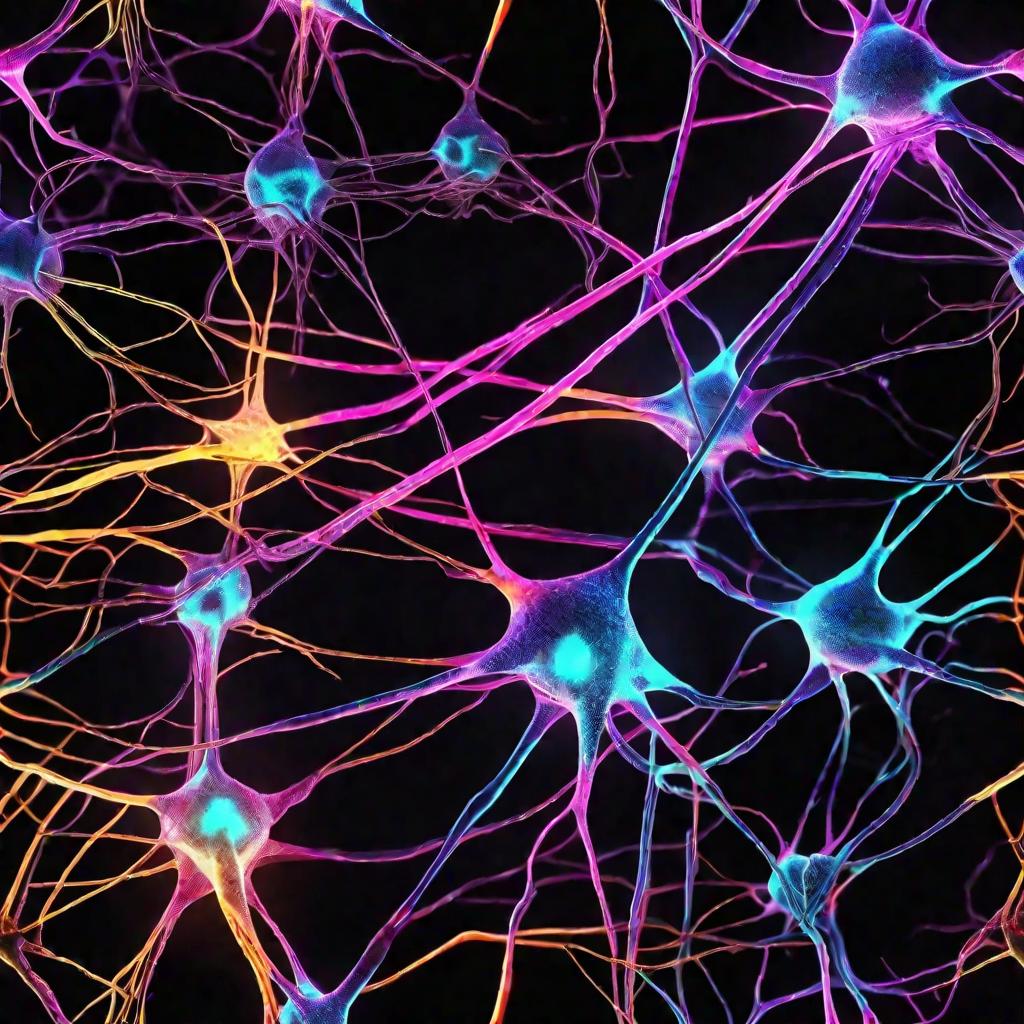 Нейроны, светящиеся яркими неоновыми цветами на черном фоне