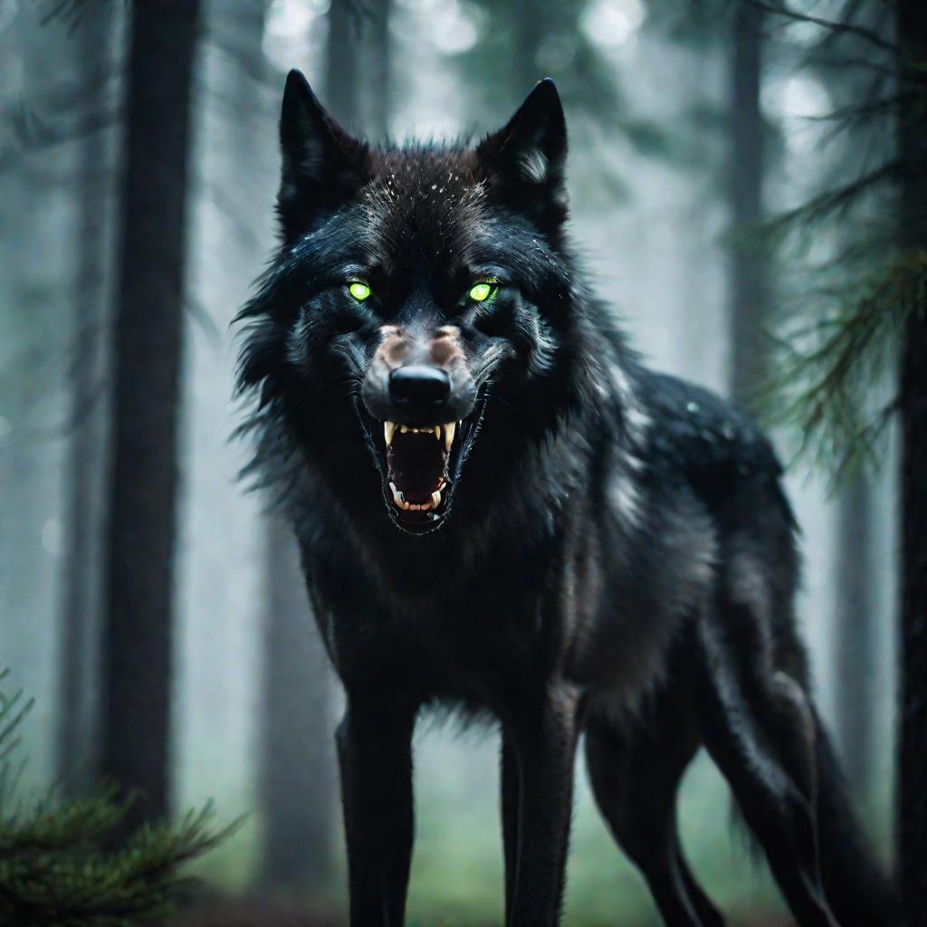 Портрет черного волка, светящегося зелеными глазами и рычащего в темном лесу