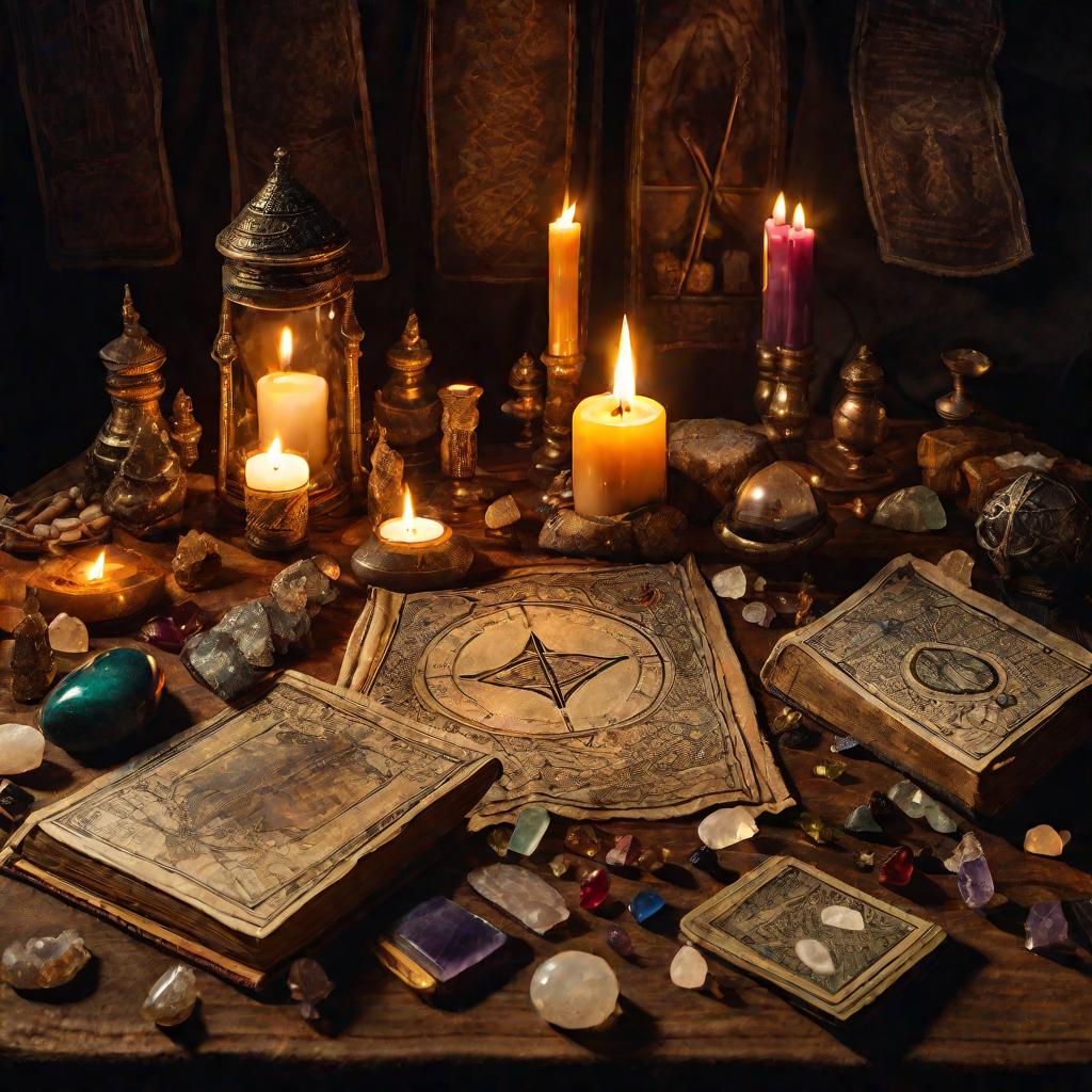Магические артефакты на столе при свечах