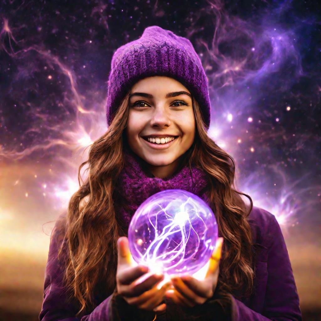 Улыбающаяся девушка в фиолетовой шапке создает светящийся плазменный шар на фоне галактик