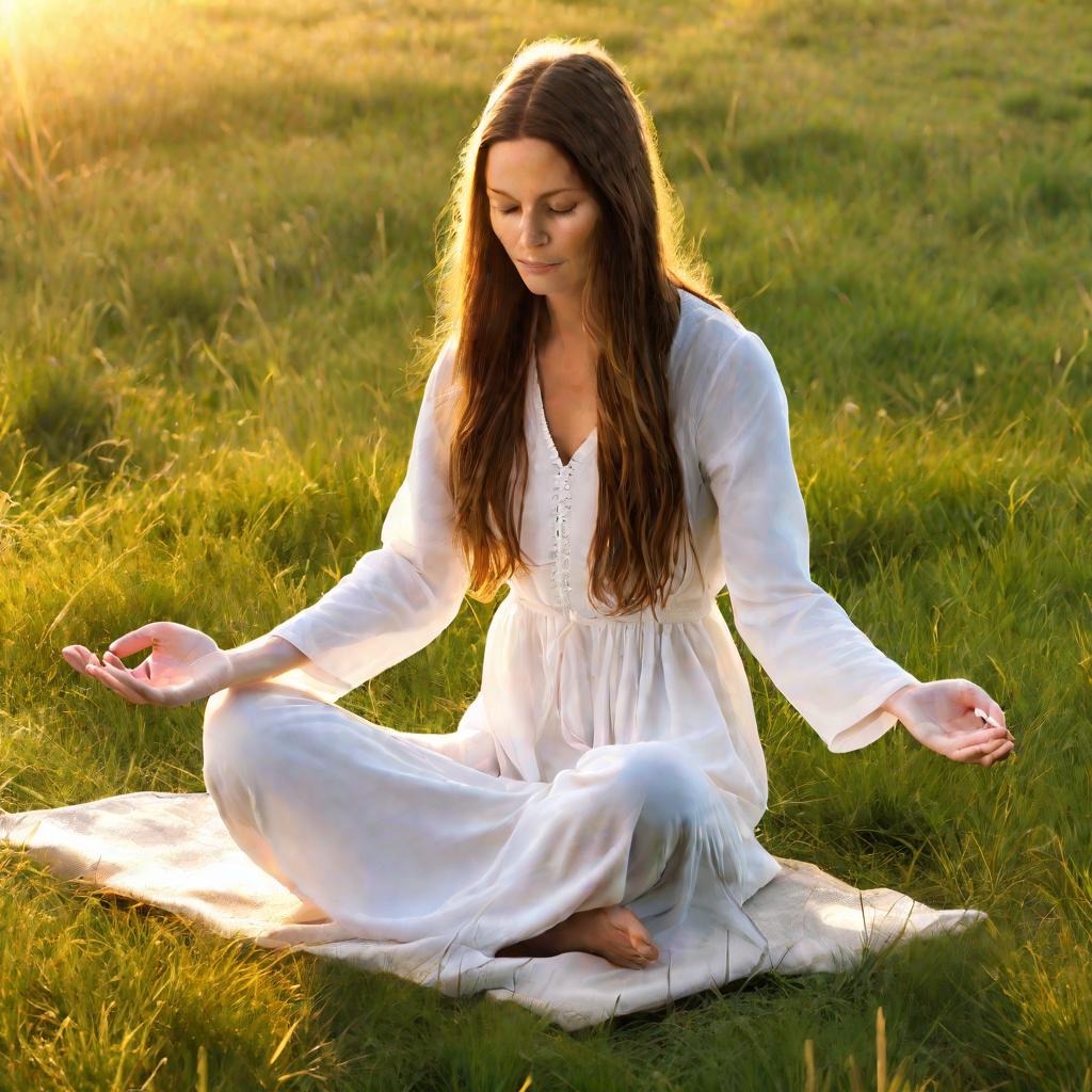 Девушка в белом платье медитирует в лугу на рассвете