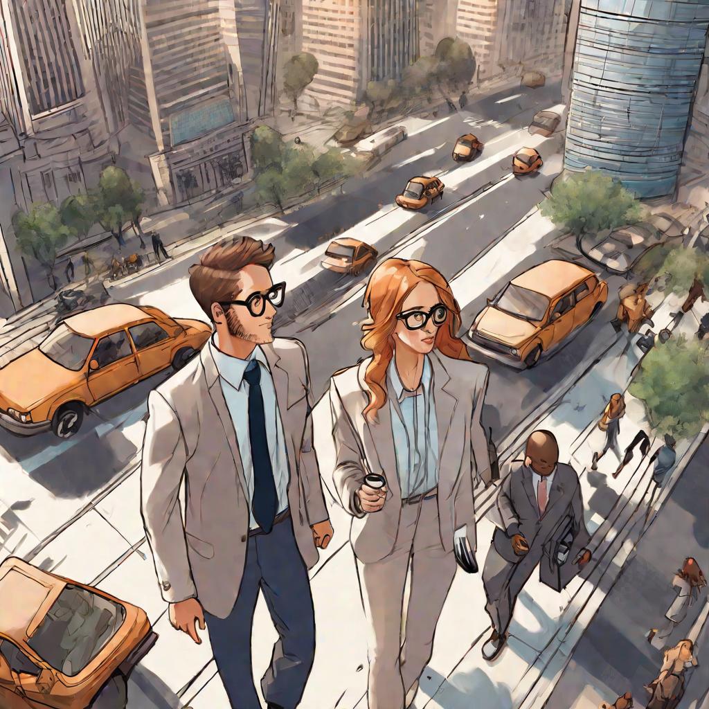Женщина и мужчина идут по улице с городским пейзажем на заднем плане