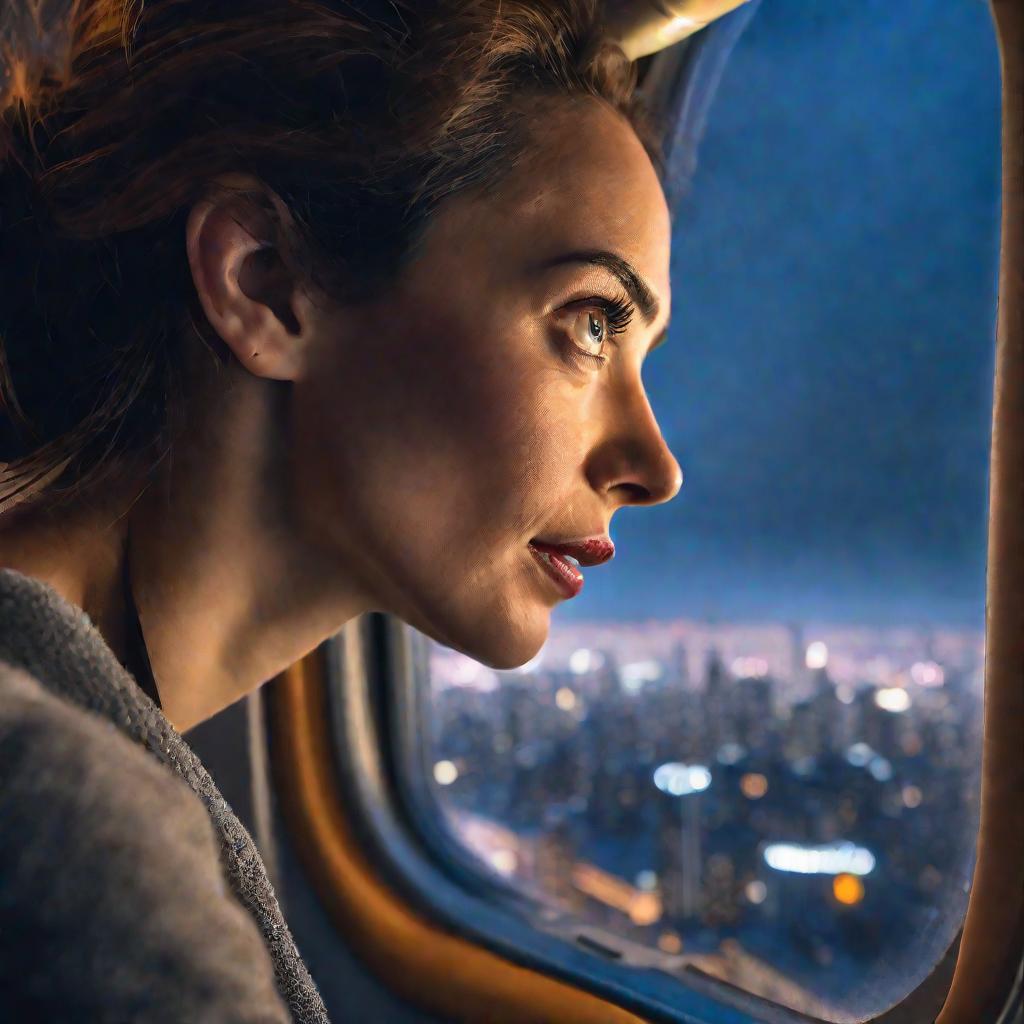 Девушка смотрит в иллюминатор самолета на ночной город