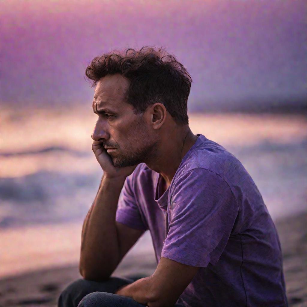 Печальный мужчина на пляже на закате