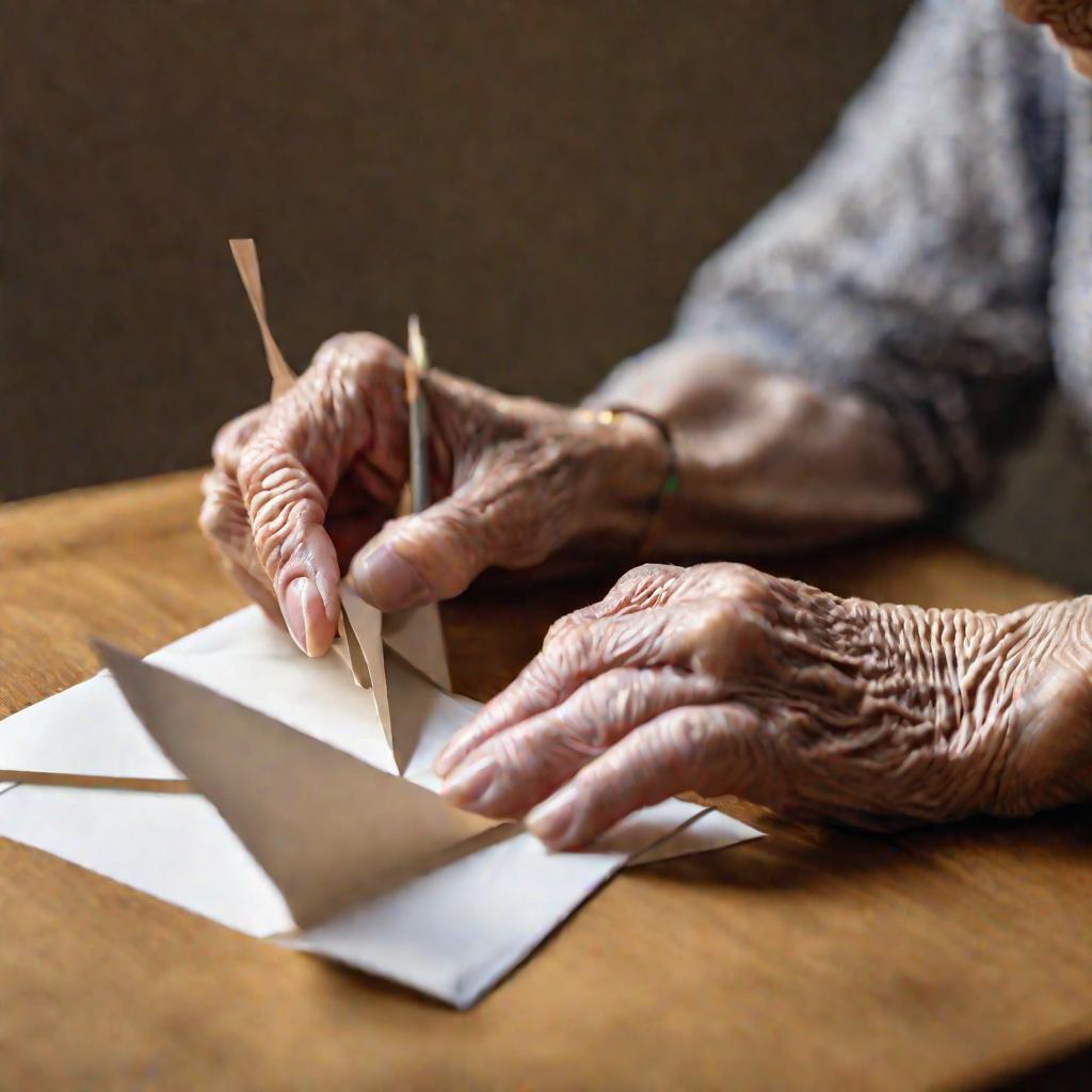 Пожилая женщина мастерит конверт