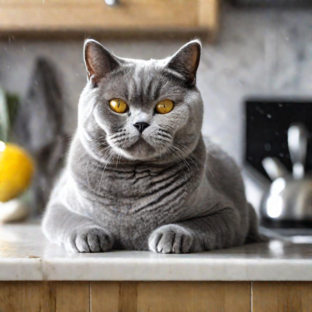 Серый кот метит на кухонной стойке