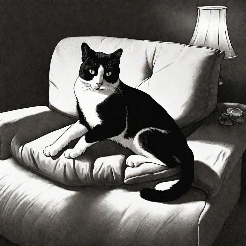 Черно-белый кот метит диван ночью