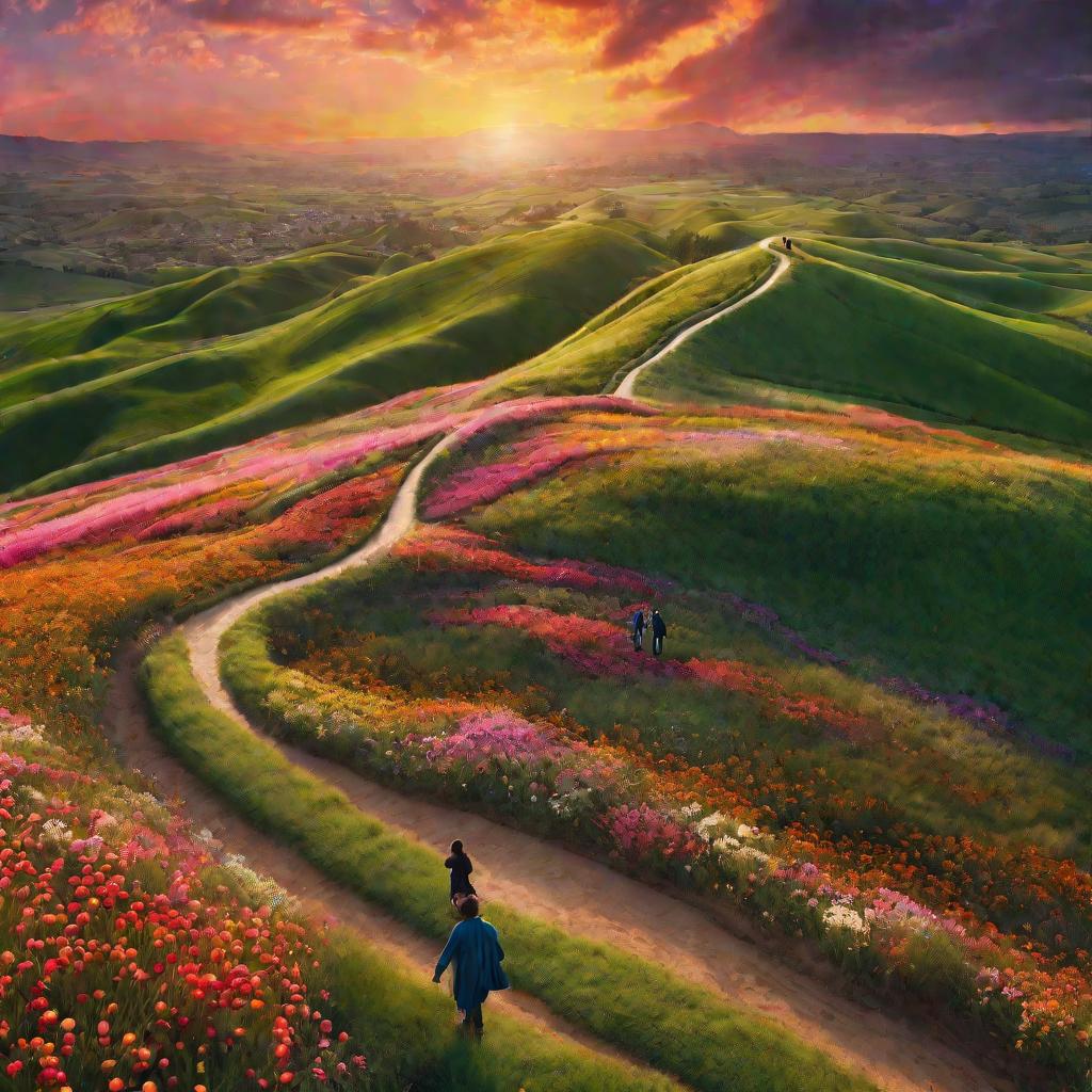 Двое друзей идут по извилистой дорожке среди цветущих холмов на закате