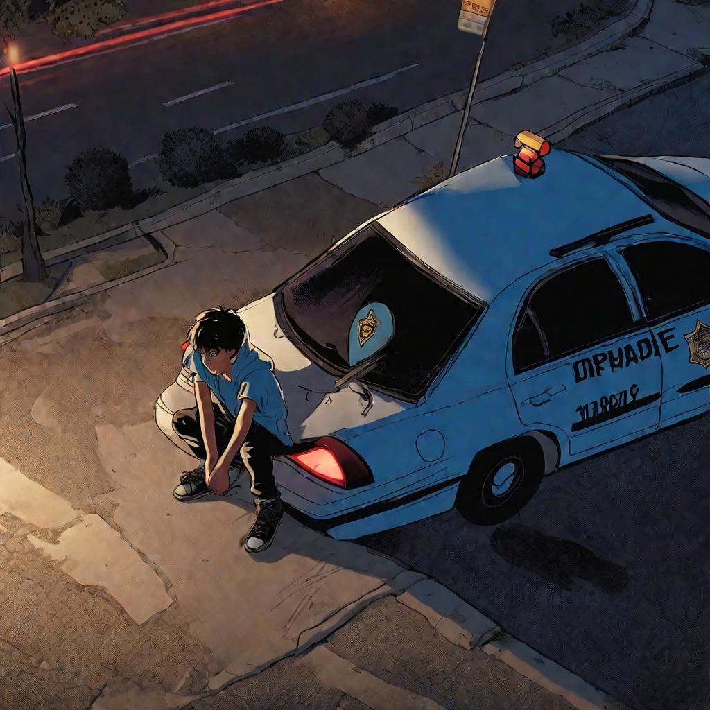 Вид сверху на подростка, сидящего на бордюре с ножом в руках на закате, с мигалками полицейской машины на заднем плане