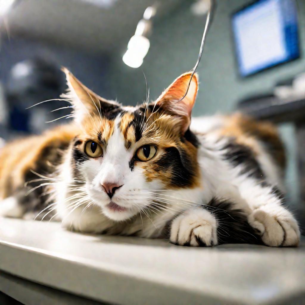 Летаргическая трехцветная кошка у ветеринара