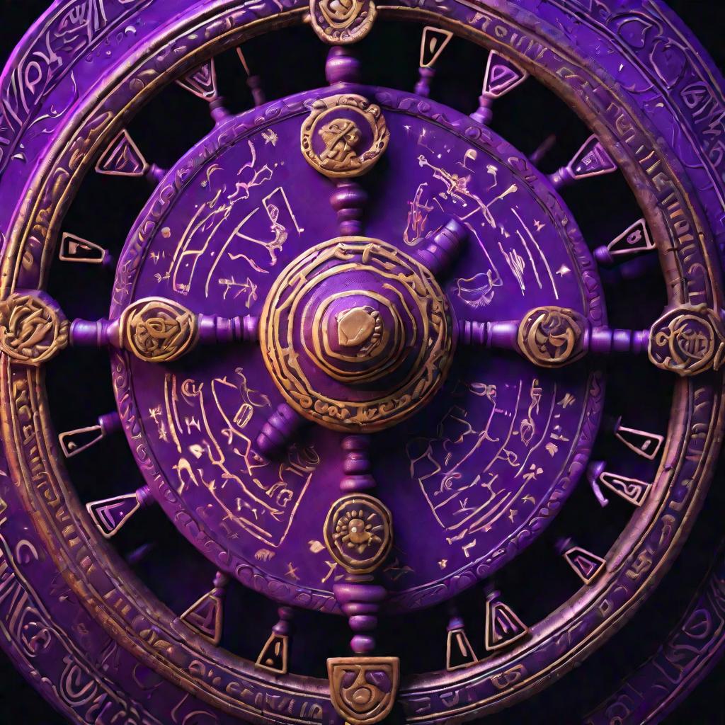 Крупным планом рука вращает украшенное колесо с астрологическими символами на черном фоне в драматичном фиолетовом свете.