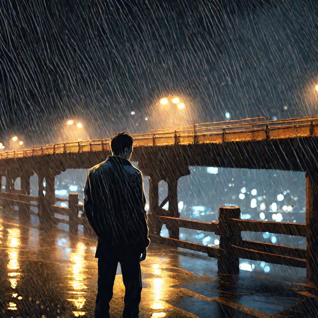Одинокий мужчина на мосту ночью
