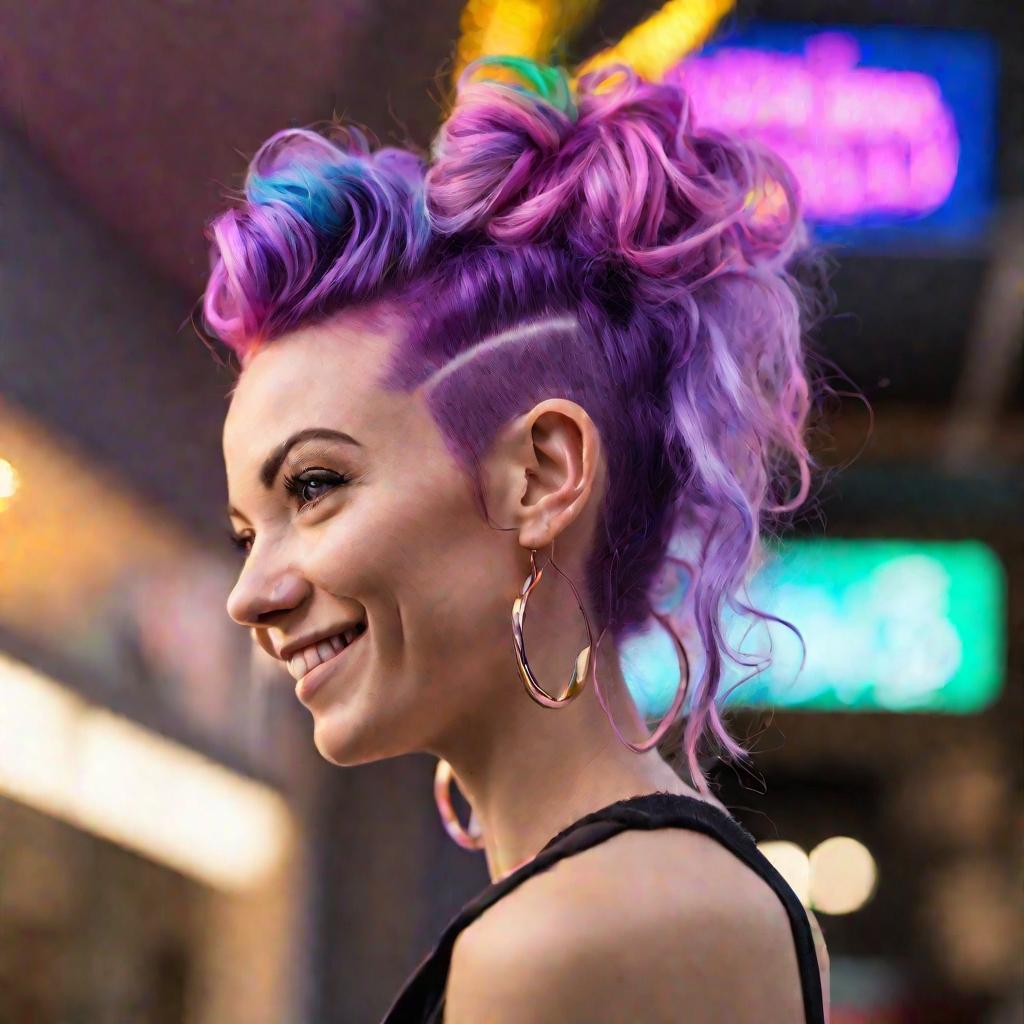 Женщина с фиолетовыми кудрявыми волосами с радужными бликами на фоне вывески парикмахерской