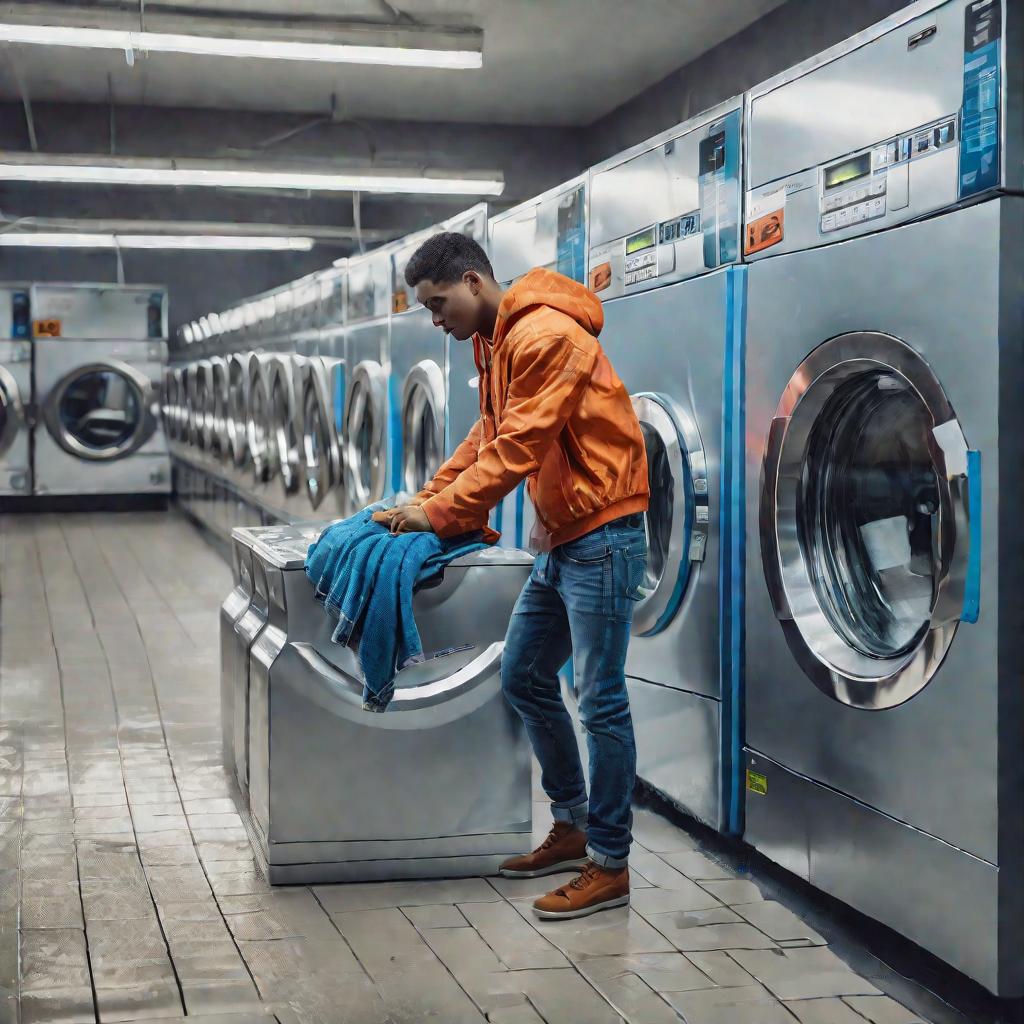 Молодой человек взвешивает мокрые джинсы на весах перед большой промышленной стиральной машиной