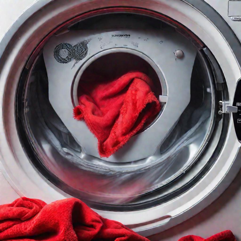 Неравномерно распределенное в барабане объемное красное одеяло, демонстрирующее неправильную перегруженную загрузку