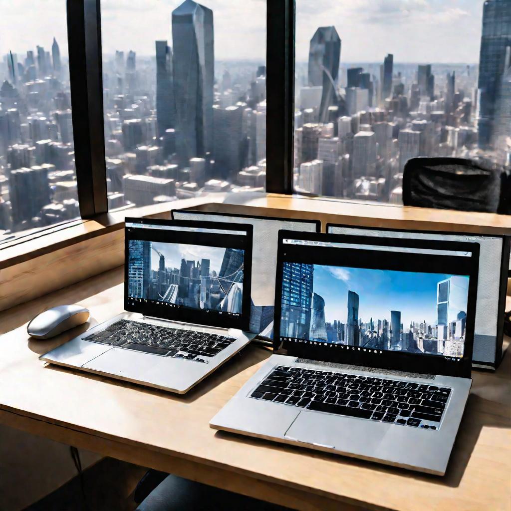Вид сверху на ноутбук, подключенный к двум внешним мониторам на офисном столе.