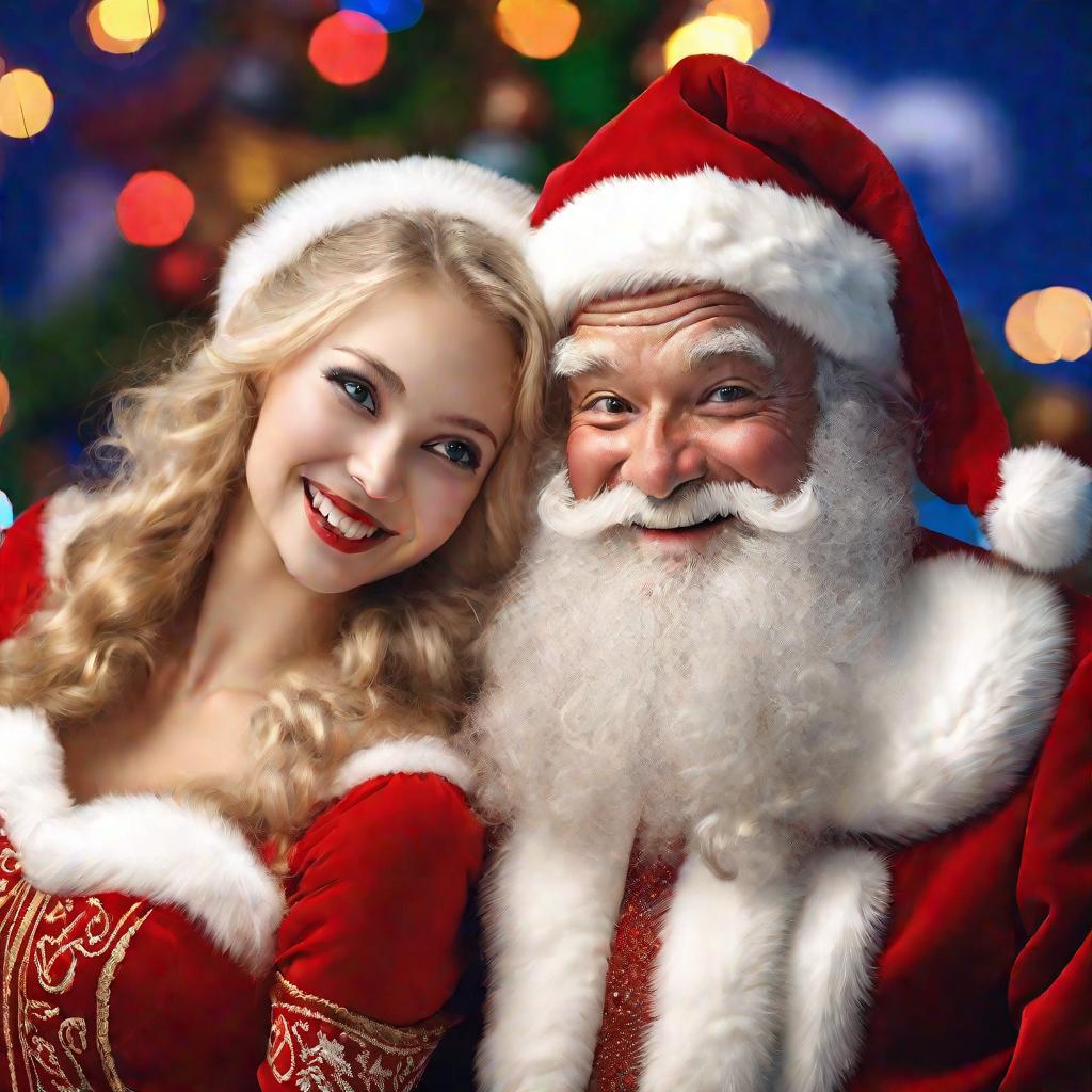 Портрет улыбающихся Деда Мороза и Снегурочки в праздничных костюмах и гриме на размытом фоне гирлянд.