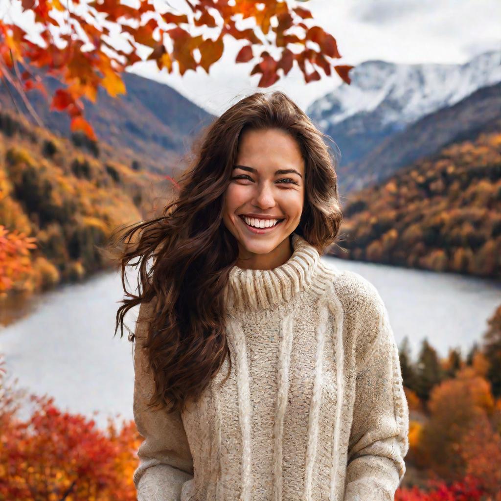 Девушка с шоколадными волосами на фоне осеннего пейзажа
