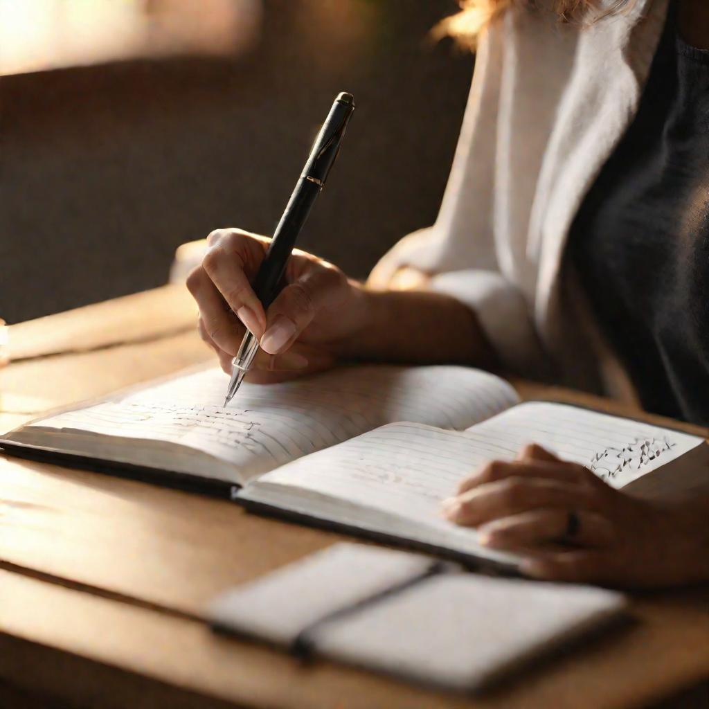 Женщина-предприниматель в домашнем офисе на рассвете сосредоточенно пишет аффирмативную фразу каллиграфическим пером в открытом дневнике на минималистском деревянном столе при мягком направленном освещении.